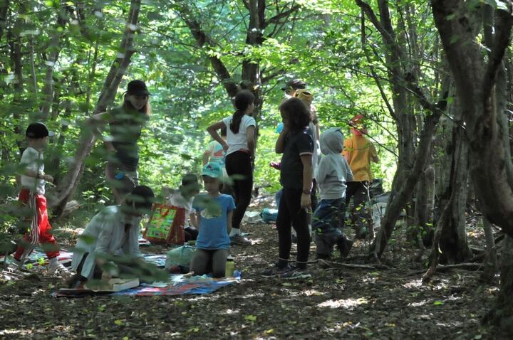 Des enfants autour d'une table en bois, sous les arbres, pendant une activité au campement.